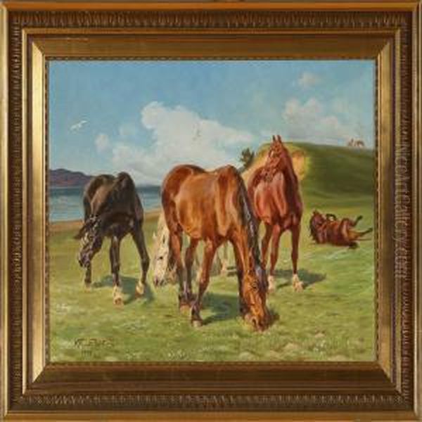 Summer Day Withgrazing Horses Oil Painting by Karl Frederik Hansen-Reistrup