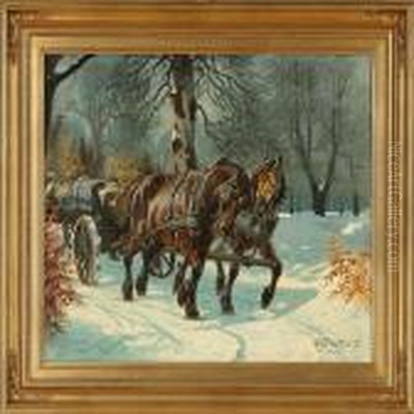 Winter Forestwith Horses And Carriage Oil Painting by Karl Frederik Hansen-Reistrup