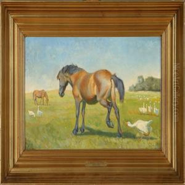 Grazing Horsesand Geese Oil Painting by Karl Frederik Hansen-Reistrup