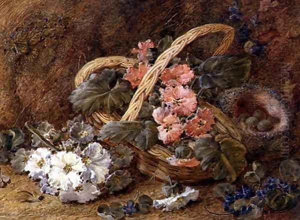 A bird's nest and a basket of flowers Oil Painting by Vincent Clare