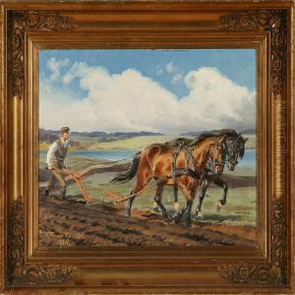 Plough Scene Oil Painting by Karl Frederik Hansen-Reistrup