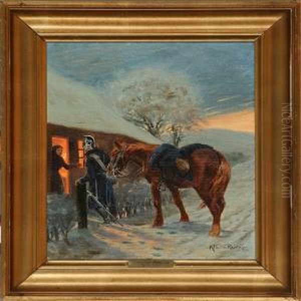 A Dragoonsearching For Shelter In The Cold Winter Evening Oil Painting by Karl Frederik Hansen-Reistrup