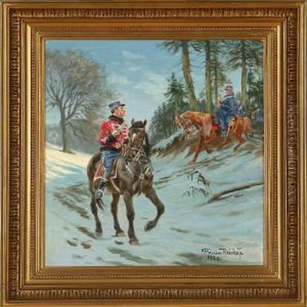 Soldiers In Awinter Forest Oil Painting by Karl Frederik Hansen-Reistrup