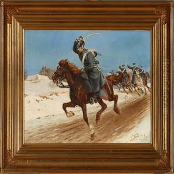 A Dragoon Andsoldier In Gallop Oil Painting by Karl Frederik Hansen-Reistrup