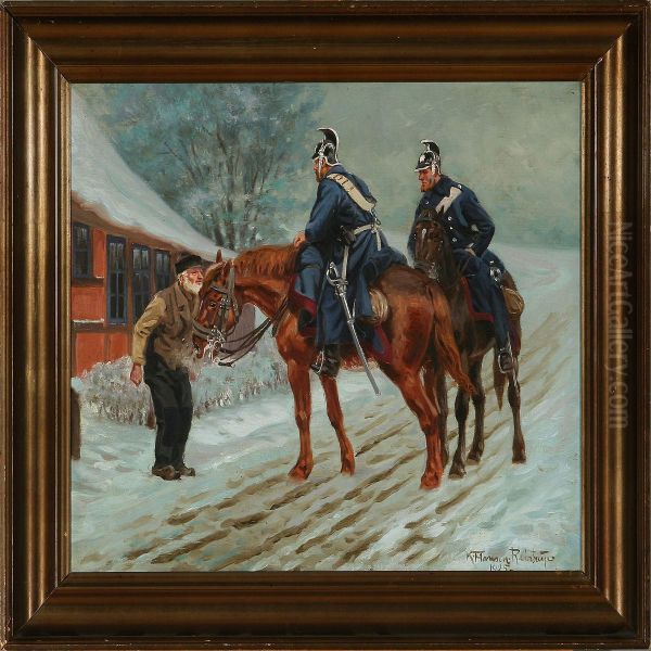 Two Dragoons Getnews From A Farmer Oil Painting by Karl Frederik Hansen-Reistrup