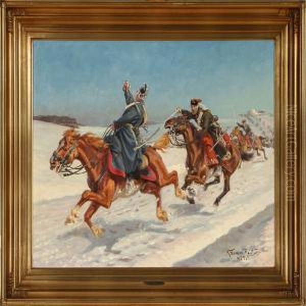 Danish Fightingdragoons, Winter Oil Painting by Karl Frederik Hansen-Reistrup