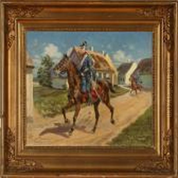 Two Dragoons Onhorseback Oil Painting by Karl Frederik Hansen-Reistrup