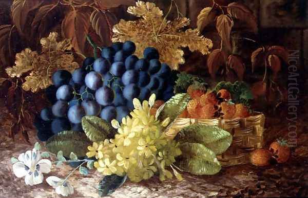 A still life of grapes and a basket of strawberries on a mossy bank Oil Painting by Vincent Clare