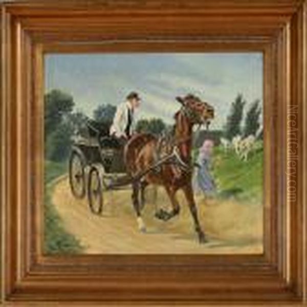 Horse Carriagefrightens A Girl With Her Sheep Oil Painting by Karl Frederik Hansen-Reistrup