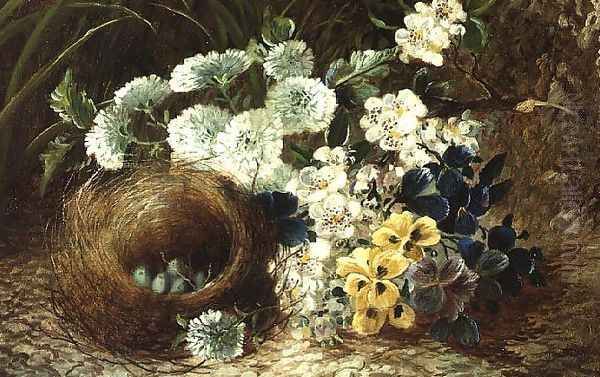 A Still Life of Flowers and a Bird's Nest on a Mossy Bank Oil Painting by Vincent Clare