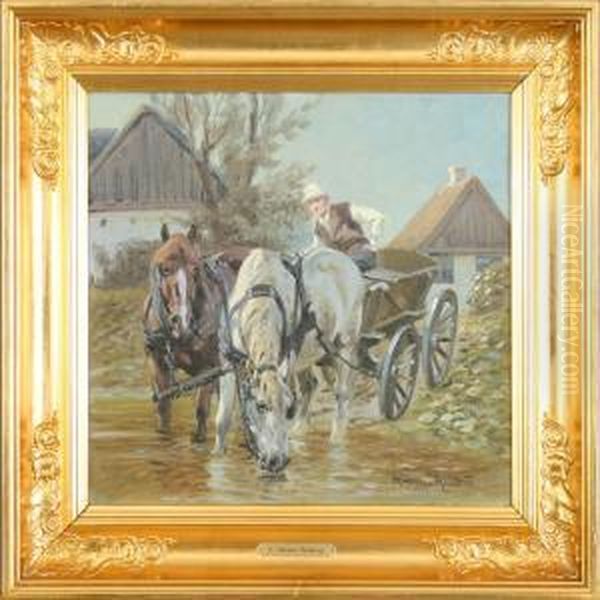 A Farmer Lets His Two Horses Drink By The Village Pond Oil Painting by Karl Frederik Hansen-Reistrup