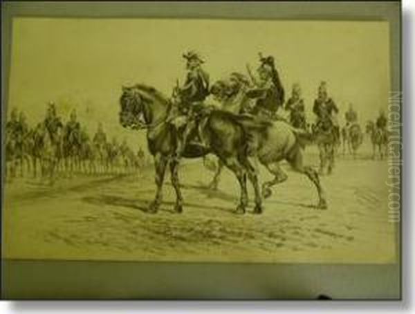 Study Of Mounted Dragoons Under Review By Mounted Commanding Officer. Oil Painting by Karl Frederik Hansen-Reistrup