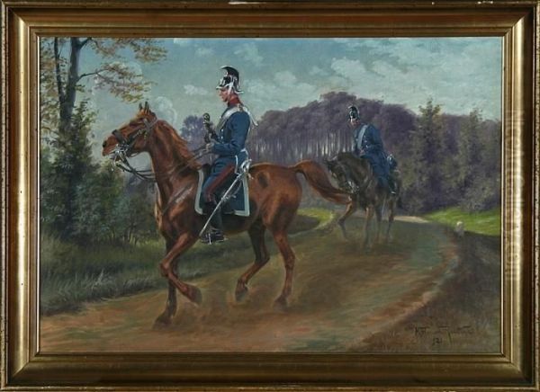 Dragoons Are Riding On A Forest Path Oil Painting by Karl Frederik Hansen-Reistrup