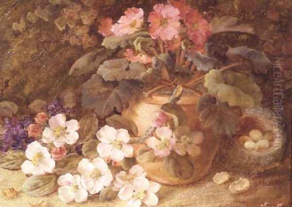 Still Life with Apple Blossom, Primula and Bird's Nest Oil Painting by Vincent Clare