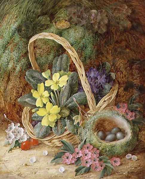 Still Life with Primroses and a Bird's Nest Oil Painting by Vincent Clare