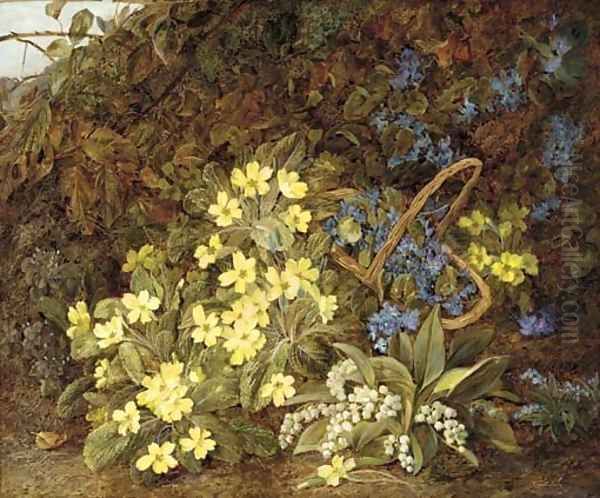 Lilies of the valley, primulas, forget-me-nots and violets on a mossy bank Oil Painting by Vincent Clare