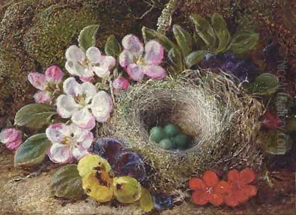 Apple blossom, pansies and a bird's nest with eggs on a mossy bank Oil Painting by Vincent Clare