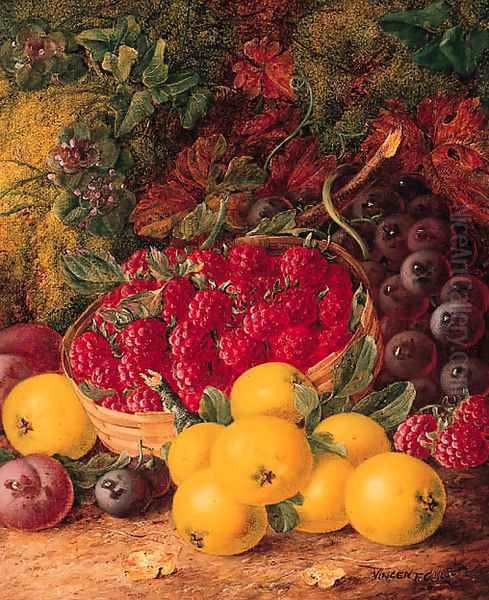 Apples, Plums, Raspberries in a wicker Basket, on a mossy Bank Oil Painting by Vincent Clare