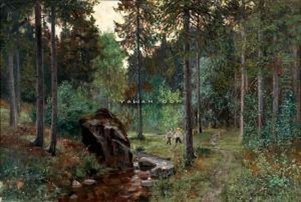 Pa Tur I Skogen Olje Pa Lerret Oil Painting by Niels Hansteen