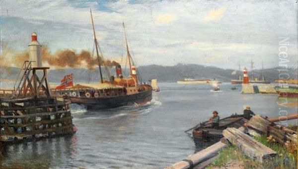 Fjordabat Stevner Ut Trondheim Havn 1893 1893 Oil Painting by Niels Hansteen