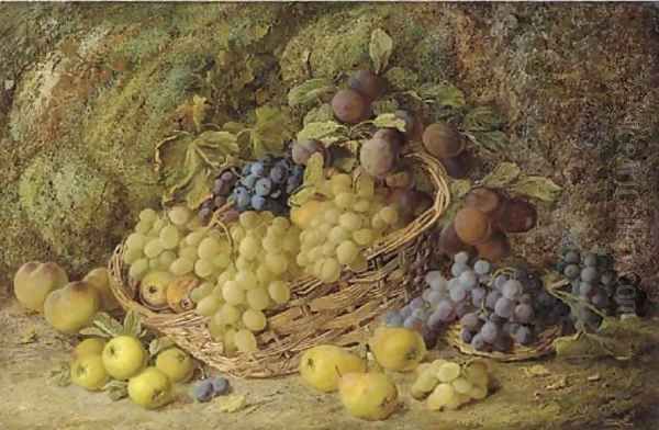 Grapes, apples, plums and blueberries in a wicker basket Oil Painting by Vincent Clare