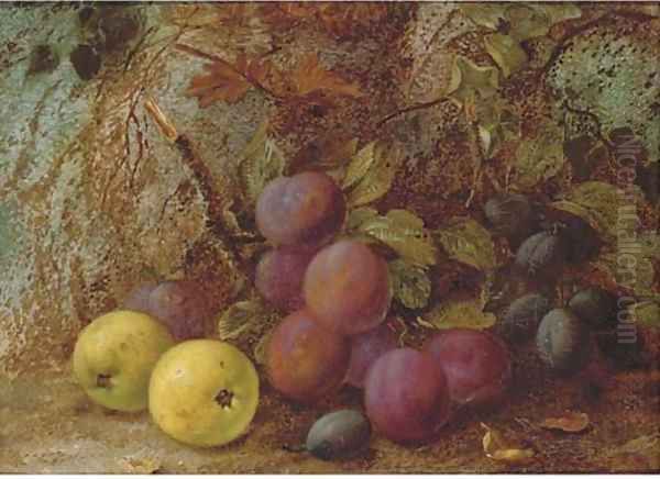 Plums, damsons and apples, on a mossy bank Oil Painting by Vincent Clare