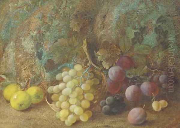 Still life of apples, plums and grapes in a basket on a mossy bank Oil Painting by Vincent Clare