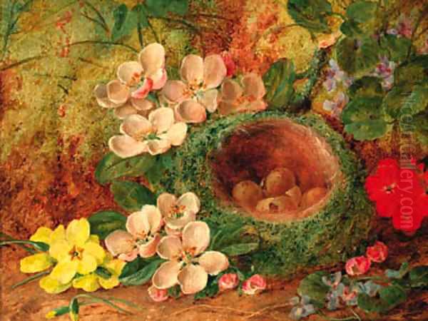 A bird's nest with apple blossom and primulas on a mossy bank Oil Painting by Vincent Clare