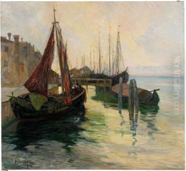 Barges On The Wharf Oil Painting by Aleksei Vasilievich Hanzen