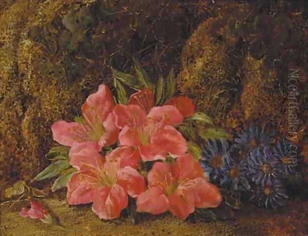 A still life of spring flowers on a mossy bank Oil Painting by Vincent Clare