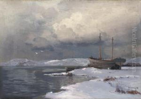 A Winter Landscape With A Two-masted Boat Oil Painting by Aleksei Vasilievich Hanzen