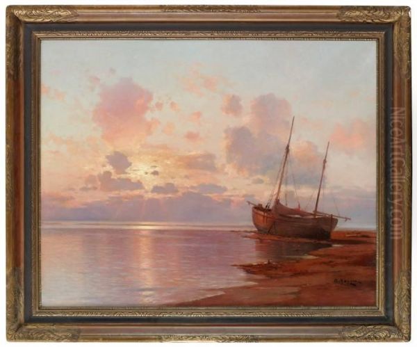 Skepp I Solnedgang Oil Painting by Aleksei Vasilievich Hanzen