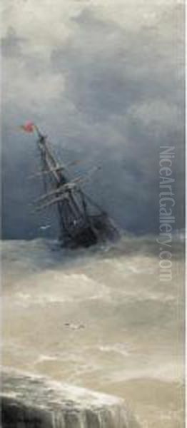 Ship On High Seas Oil Painting by Aleksei Vasilievich Hanzen