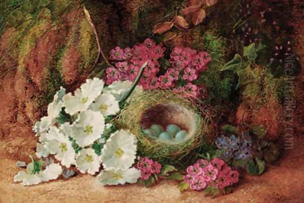 Blossom and a bird's nest with eggs, on a mossy bank Oil Painting by Vincent Clare