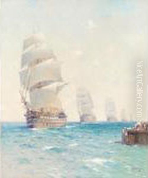 Tall Ships On The Ocean Oil Painting by Aleksei Vasilievich Hanzen