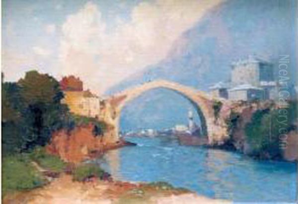 Le Pont De Mostar Oil Painting by Aleksei Vasilievich Hanzen