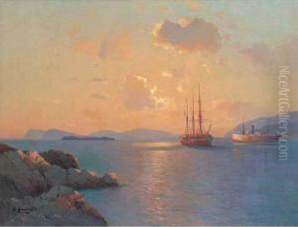 Two Ships At Sunset Oil Painting by Aleksei Vasilievich Hanzen