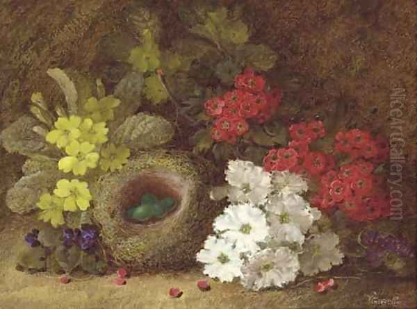 Still life of primroses, primulas, pansies, a bird's nest and eggs on a mossy bank Oil Painting by Vincent Clare