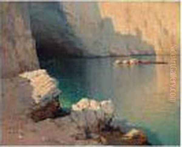 Two Seascapes: Cavern Entrance And Rowing Boats Moored At Night Oil Painting by Aleksei Vasilievich Hanzen