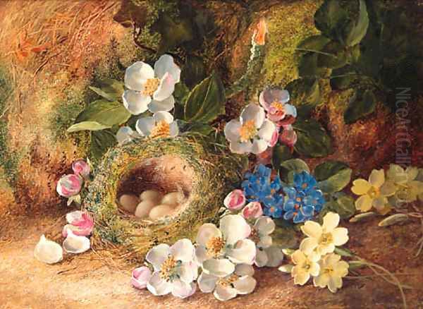 Apple Blossom, Primroses, a Bird's Nest with Eggs, on a mossy Bank Oil Painting by Vincent Clare