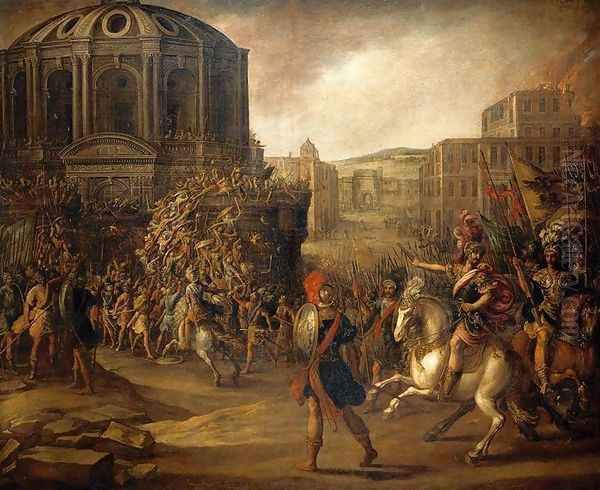 Battle Scene with a Roman Army Besieging a Large City Oil Painting by Juan De La Corte