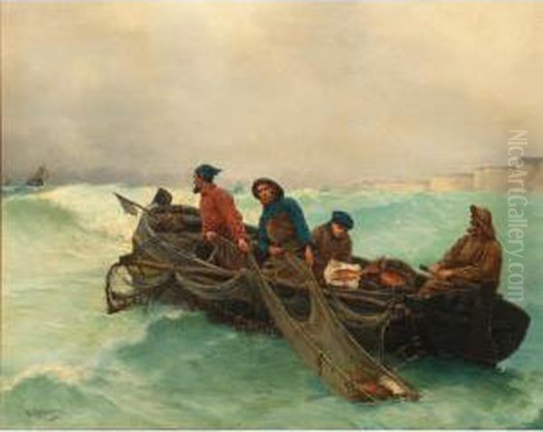 Fishermen Hauling In Their Nets At Sea Oil Painting by George Haquette