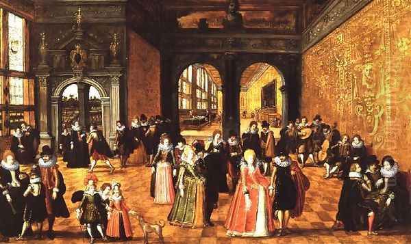 A Palace Interior with Ladies and Gentlemen dancing and Playing Music Oil Painting by Louis de Caulery