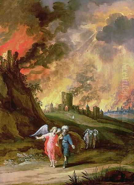 Lot and His Daughters Leaving Sodom Oil Painting by Louis de Caulery