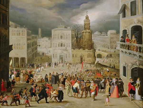 A scene in a town square with numerous figures Oil Painting by Louis de Caulery