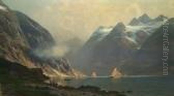 Fjordlandschaft. Unten Links Signeirt J. Harders Oil Painting by Johannes Hardes