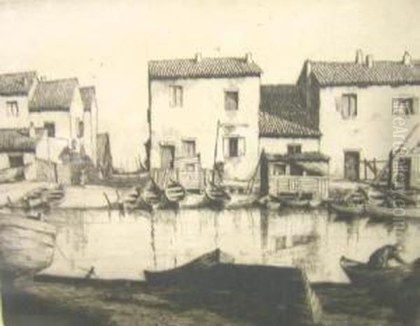 Estuary Scene With Beached Boats And Buildings Oil Painting by Charles Martin Hardie