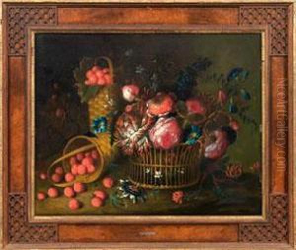 Stillleben Mit Blumenkorb Und Erdbeeren Oil Painting by Pieter Hardime