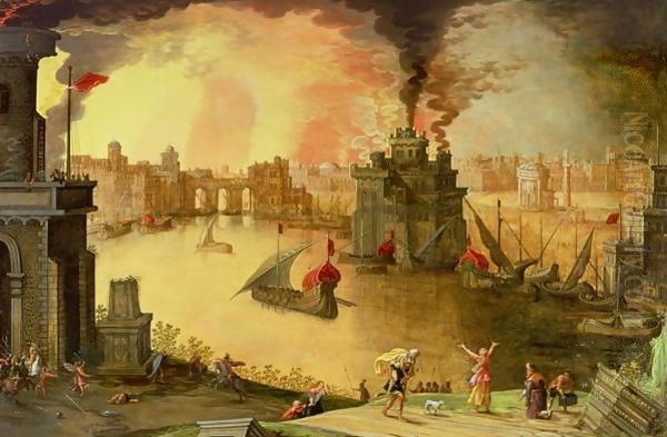 The Burning of Troy Oil Painting by Louis de Caulery