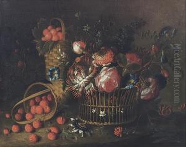 Roses, Violets And Other Flowers
 In A Basket, A Basket Ofstrawberries And A Laying Basket With 
Raspberries Oil Painting by Pieter Hardime